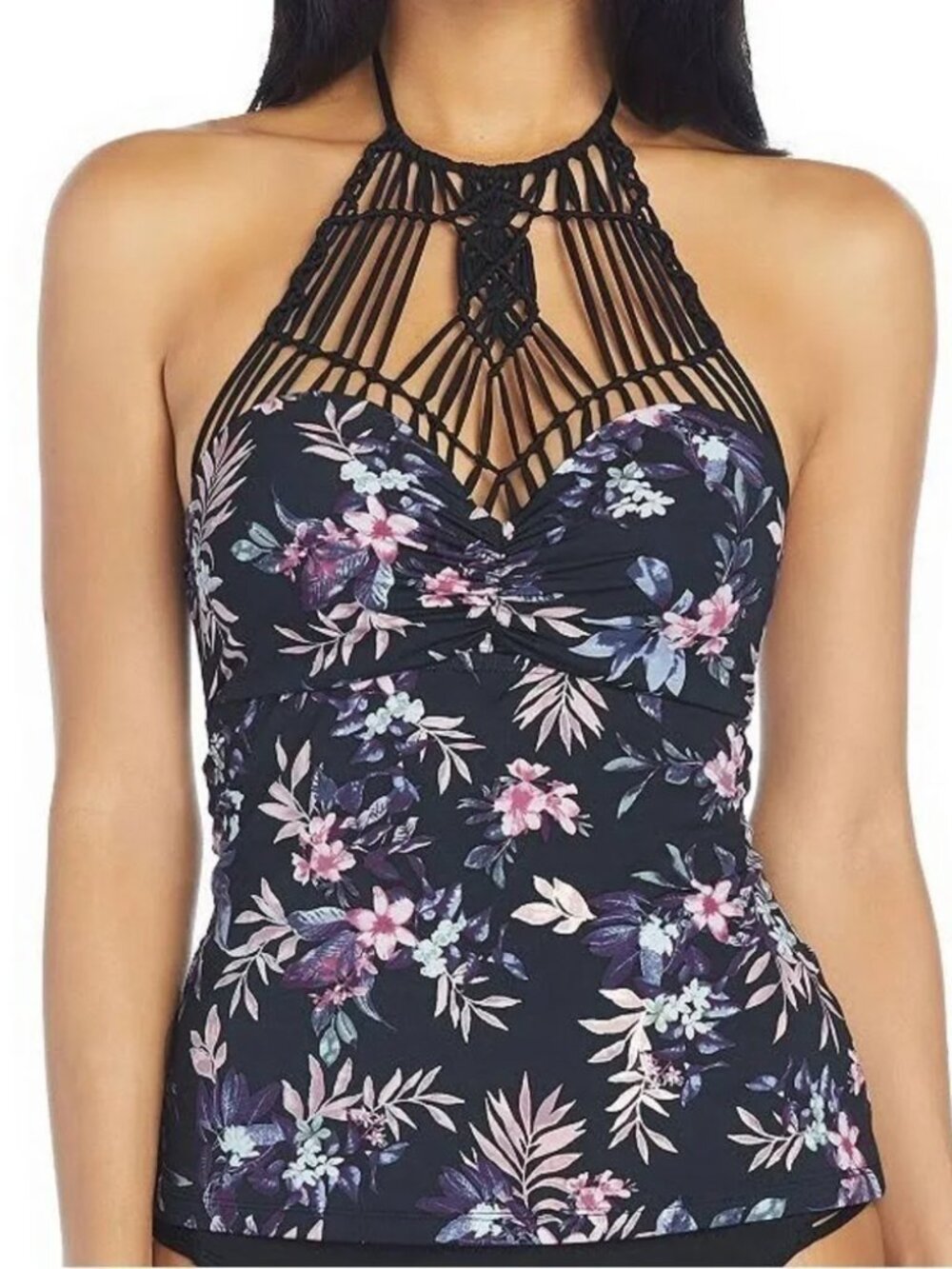 Ambrielle Crochet High Neck Underwire Tankini Top Black Floral S